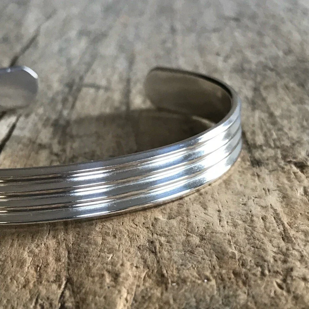 Shiny Sterling Silver Pinstripe Open Cuff Bangle Handmade 10x2mm Wide